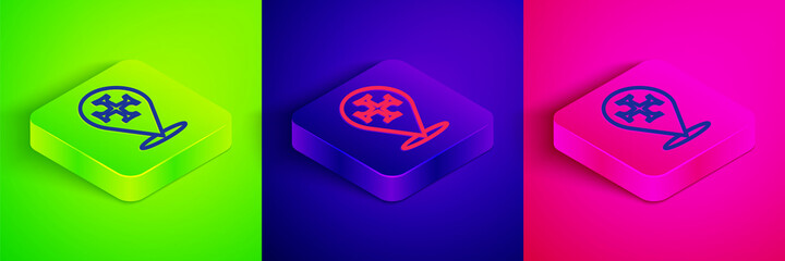 Isometric line Crusade icon isolated on green, blue and pink background. Square button. Vector