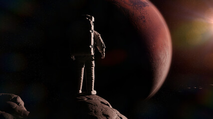 Wall Mural - astronaut watching planet mars from one of the martian moons