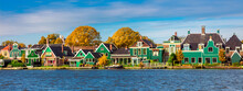 Dutch Village Zaanse Schans Near Amsterdam. Typical Dutch Wooden Green Houses. Holland, Netherlands