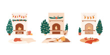 Set Of Christmas Scenes With Fire Places, Carpets With Blankets, Gift Boxes, Cute Cat, Hot Drink. Decorated Elements, Trees, Potted Winter Plants. Cozy Home Interior, Vector Socks, Poinsettia Garland
