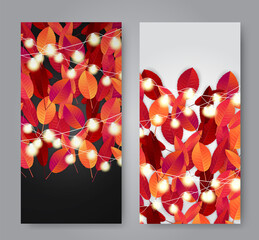 Wall Mural - Autumn flyers with red and orange leaves . Free empty space for text. Fall season. Advertisement promo. Realistic vector illustration.
