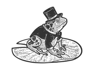 Wall Mural - cartoon fairy toad frog in tuxedo and top hat sketch engraving vector illustration. T-shirt apparel print design. Scratch board imitation. Black and white hand drawn image.