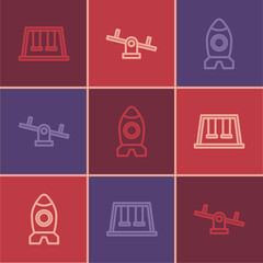 Poster - Set line Swings for kids, Rocket ship toy and Seesaw icon. Vector