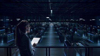 Poster - Female IT Specialist Uses Tablet Computer in Data Center. Server Farm Cloud Computing Facility with Maintenance Administrator Working. Cyber Security Engineer Working in Personal Network Protection.