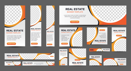 real estate web banner design template set. vertical, horizontal and square banners with standard si