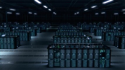 Fototapete - Modern Data Technology Center Server Racks Working in Dark Room. Concept of Internet of Things, Big Data Protection, Storage, Cryptocurrency Farm, Cloud Computing. 3D Panning Camera Shot.
