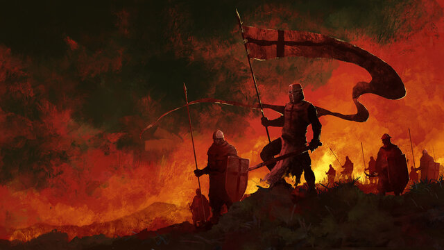 the crusader army goes to war. the knight carries the banner. the sky is lit by fires. 2d illustrati