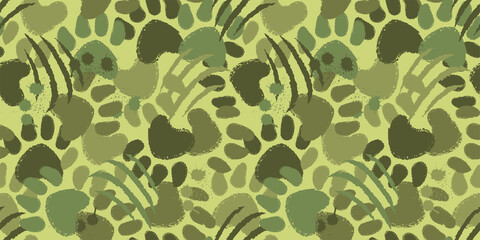 Camouflage seamless pattern with animal paw prints and claws scratches. Dog or cat hand drawn paw print background.