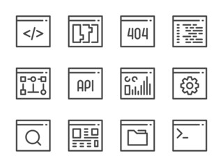 Website development and Online application line icons. Software and Web coding vector outline icon set.