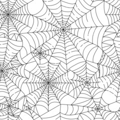 Halloween spider web seamless pattern. Black hand-drawn cobwebs crossing on white background. Repeating backdrop for textile, clothes, bedding, wrapping paper, wallpaper. Stock vector.