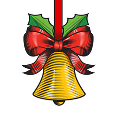 Wall Mural - christmas bell with red ribbon and leaf Vintage Line art. vector illustration.