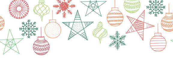 Wall Mural - Christmas seamless vector border green red ornaments on white background. Line art doodle holiday baubles repeating pattern isolated. Cute hand drawn seamless garland