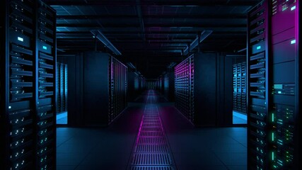 Fototapete - Modern Data Technology Center Server Racks Working in Dark Facility. Concept of Internet of Things, Big Data Protection, Storage, Cryptocurrency Farm, Cloud Computing. 3D Moving Back Camera Shot.