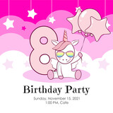 Fototapeta Dinusie - Birthday invitation with cute unicorn and pink balloons. Ready to use and editable template. An invitation for children and adults. Eighth year of birth. 
