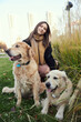 © snedorez - Beautiful girl with two golden retrievers in park
