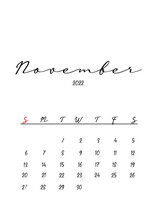 2022 November Month Calendar Template Minimalistic Design