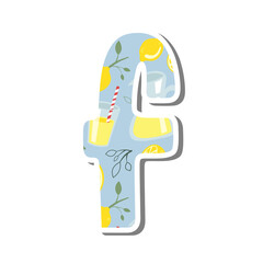 Cute lowercase alphabet 'f' with Lemonade Pattern on white silhouette and gray shadow. Lovely letter design for decoration. Vector Illustration about lettering.