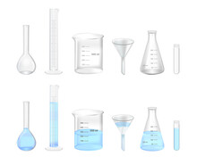 Vector Set Of Realistic Glass Laboratory Empty And Water-filled Chemical Glassware Isolated On A White Background. Volumetric Flask, Graduated Cylinder, Beaker, Funnel, Erlenmeyer Flask And Test Tube.