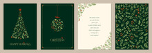 Holidays Cards With Christmas Tree, Birds, Christmas Ornament, Backgrounds, Ornate Floral Frames And Copy Space. Universal Modern Artistic Templates. 