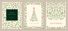 Merry And Bright Corporate Holiday Cards. Modern Abstract Creative Universal Artistic Templates With Christmas Tree, Birds, Floral Frames And Backgrounds.