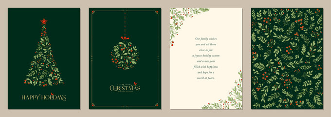 Poster - Holidays cards with Christmas Tree, birds, Christmas ornament, backgrounds, ornate floral frames and copy space. Universal modern artistic templates. 