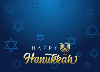 Wall Mural - Happy Hanukkah lettering background with menorah and David stars. Vector illustration