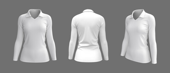 Women's collared t-shirt mockup, front, side and back views, design presentation for print, 3d illustration, 3d rendering