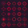Crosshair, gun sight vector icons. Bullseye, red target or aim symbol. Military rifle scope, shooting mark sign. Targeting, aiming for a shot. Archery, hunting and sports shooting. Game UI element.