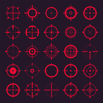 crosshair, gun sight vector icons. bullseye, red target or aim symbol. military rifle scope, shootin