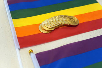 Canvas Print - Closeup of bitcoins on an LGBT Pride flag