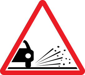 Loose chippings road sign. Red triangle background. Traffic signs and symbols.