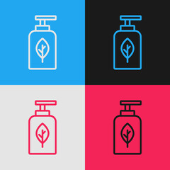 Wall Mural - Pop art line Essential oil bottle icon isolated on color background. Organic aromatherapy essence. Skin care serum glass drop package. Vector