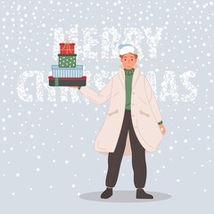 Sticker - Happy man with Christmas gifts. Male wearing in santa hat on snow background Merry Christmas concept. Vector illustration