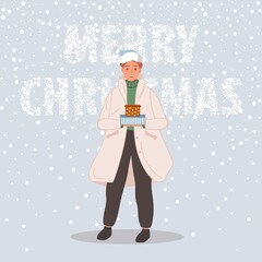 Sticker - Happy man with Christmas gifts. Male wearing in santa hat on snow background Merry Christmas concept. Vector illustration