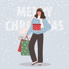 Sticker - Happy woman with Christmas gifts. Female wearing in santa hat on snow background Merry Christmas concept. Vector illustration