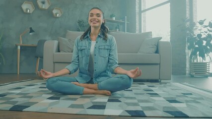 Poster - Serene positive sporty lady sit floor meditate enjoy lotus pose