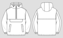 Anorak Jacket. Unisex Oversized Coat With Hood And Front Pocket. Vector Technical Sketch. Mockup Template.