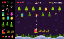 Merry Christmas Pixel Art Retro Game With Santa Claus Vs Christmas Trees Invaders. 8-bit Vintage Style Christmas Game Icons Set. Pixelated Space Arcade Holiday Edition Shooter Vector Template