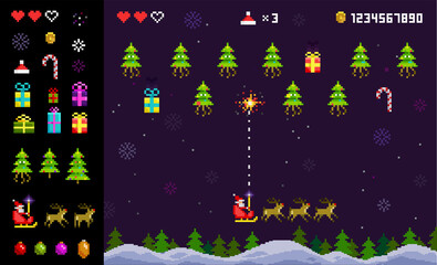 merry christmas pixel art retro game with santa claus vs christmas trees invaders. 8-bit vintage sty