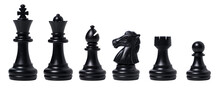 Isolated Black Chess Set Chess Piece King, Queen, Bishop, Knight Horse, Rook, Pawn On White Background. Business, Competition, Strategy, Decision Concept.