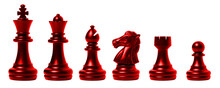 Isolated Red Chess Set Chess Piece King, Queen, Bishop, Knight Horse, Rook, Pawn On White Background. Business, Competition, Strategy, Decision Concept.