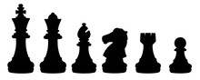 Isolated Silhouette Chess Set Chess Piece King, Queen, Bishop, Knight Horse, Rook, Pawn On White Background. Business, Competition, Strategy, Decision Concept.