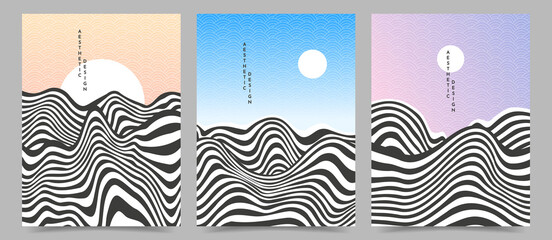 Wall Mural - Vector illustration. Minimalist wavy posters. Futuristic style. Design for cover, flyer, leaflet, brochure, layout. Hypnotic striped background. Black and white lines. Mountain landscape background