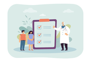 Poster - Elderly doctor and kids next to list of recommendations. Medical professional prescribing medication for children flat vector illustration. Health, pediatrics concept for banner or landing web page