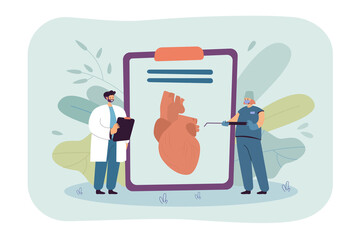 Poster - Heart medical checkup with tiny doctors. Cardiologists examining health of patient flat vector illustration. Cardiology, cardiovascular diseases concept for banner, website design or landing web page