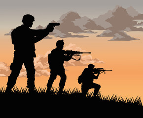 Wall Mural - squad soldiers sunset scene