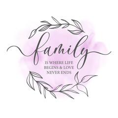 Wall Mural - Family is where life begins and love never ends. Hand drawn calligraphy and lettering inscription in a round decorative floral wreath.