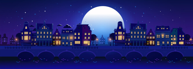 Vector illustration of silhouette of night city street with light window and bridge on dark blue sky background with cloud and shine full moon. Flat style design