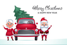 Mrs Claus And Santa Claus Near Retro Red Pickup Truck Car With Christmas Tree. Cute Vector Isolated Illustration