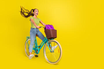 Wall Mural - Full length body size view of pretty funny cheerful girl riding bike fooling having fun isolated over bright yellow color background